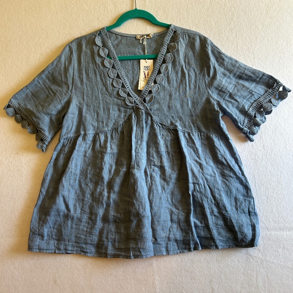 Spazio Chic Italy 100% Linen Blouse Crochet Trim Size XL
